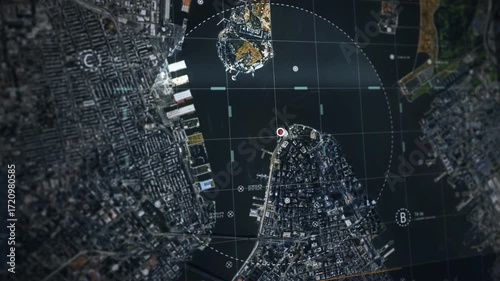 Modern Scanning software investigating the region for pursuit of a criminal. Scanner has detected the position of a criminal for a pursuit. Scanner system using a drone to pursue the wanted criminal.