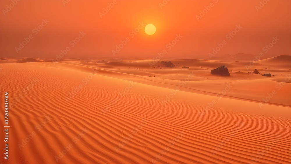 Naklejka premium Orange sunset sky over sandy Saharan desert dunes in Morocco, a dry wilderness landscape