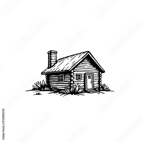 Rustic charm of a log cabin drawing illustration depicting cozy woodland refuge and escape to nature