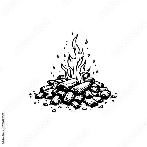 Rustic campfire illustration displaying dancing flames amidst stacked firewood creating ambiance