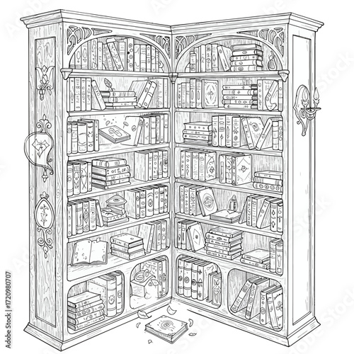 Detailed antique bookshelf illustration brimming with books, a timeless classic design for libraries, studies, and vintage aesthetics, originally vector art.