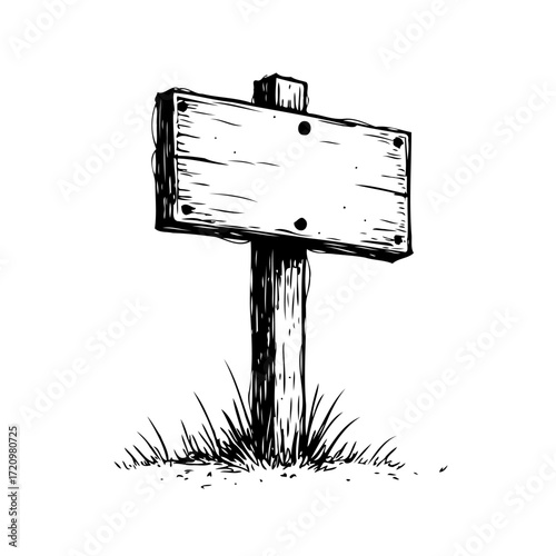 Rustic signage in meadow, a timeless wooden board standing amidst nature's serenity landscape