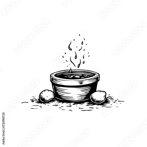 Rustic culinary sketch displaying a bowl with rising vapors alongside a pair of potatoes on surface