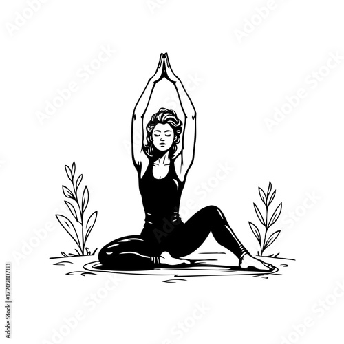 Serene depiction of a woman gracefully executing yoga pose amidst botanical elements illustration