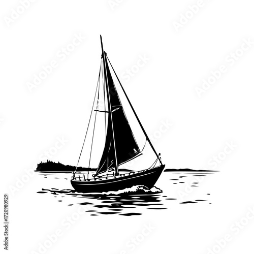 Serene nautical voyage sailboat gracefully gliding through tranquil waters ink illustration