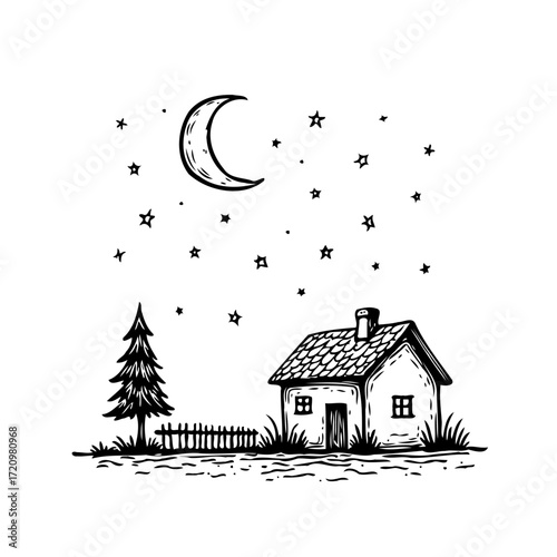 Serene nocturnal dwelling with a crescent moon and stars against the inky canvas of night