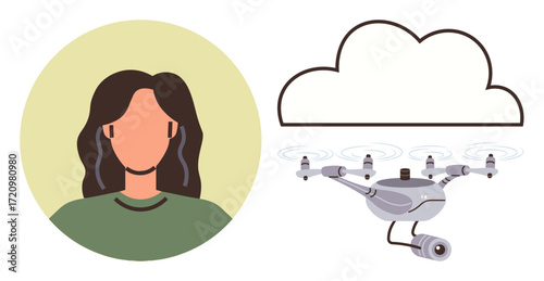 Woman next to a flying quadcopter and cloud illustration, symbolizing technology, innovation, surveillance, remote work, data transfer, communication, and connectivity. Ideal for a simple flat