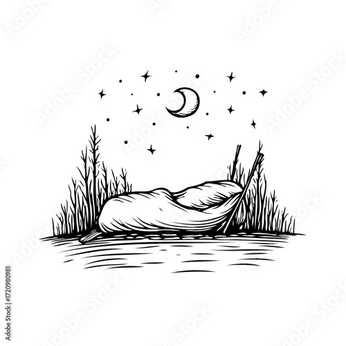 Serene nighttime refuge illustration: Boat resting under a celestial sky evoking peace and solitude