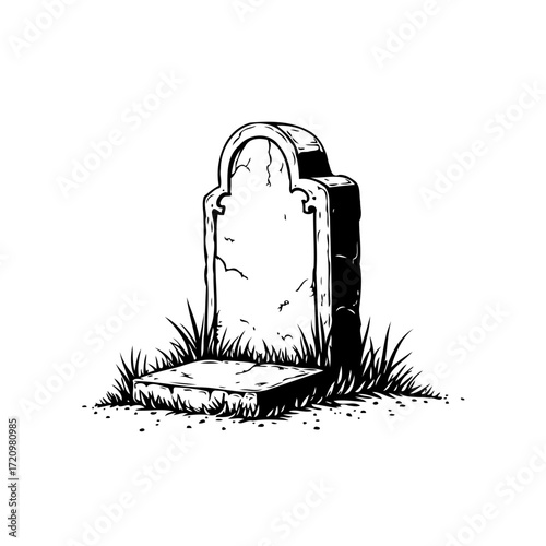 Silent stone marker amidst tufts of grass stands watch in a graveyard's somber landscape