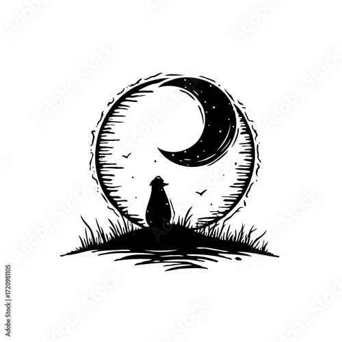 Silhouette of a figure contemplating the lunar phase within a textured circular nightscape concept