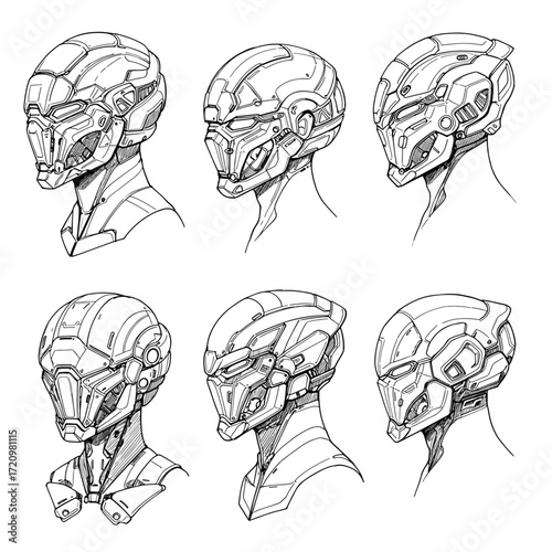 Futuristic robot head designs for gaming or sci-fi illustrations, advanced technology concept art for creative projects, robotic evolution, ai prototypes, line drawing