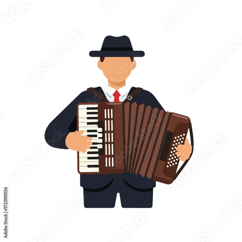 Man playing accordion suitbale for music promotions, cultural events, travel blogs, or vintagethemed designs with a touch of entertainment.