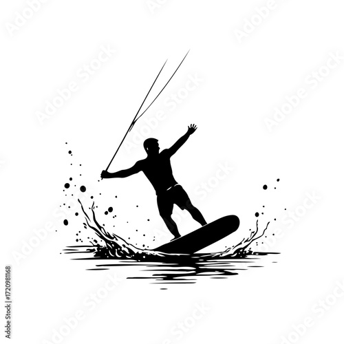 Silhouette of a wakeboarder performing tricks on water creating splashes and enjoying extreme
