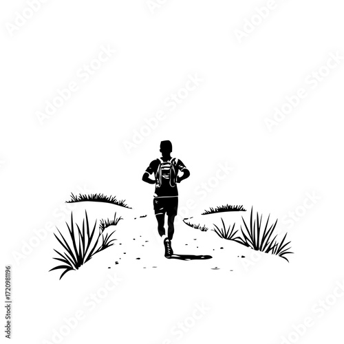 Silhouette of runner trail running on a dirt path with natural scenery embodying health wellbeing