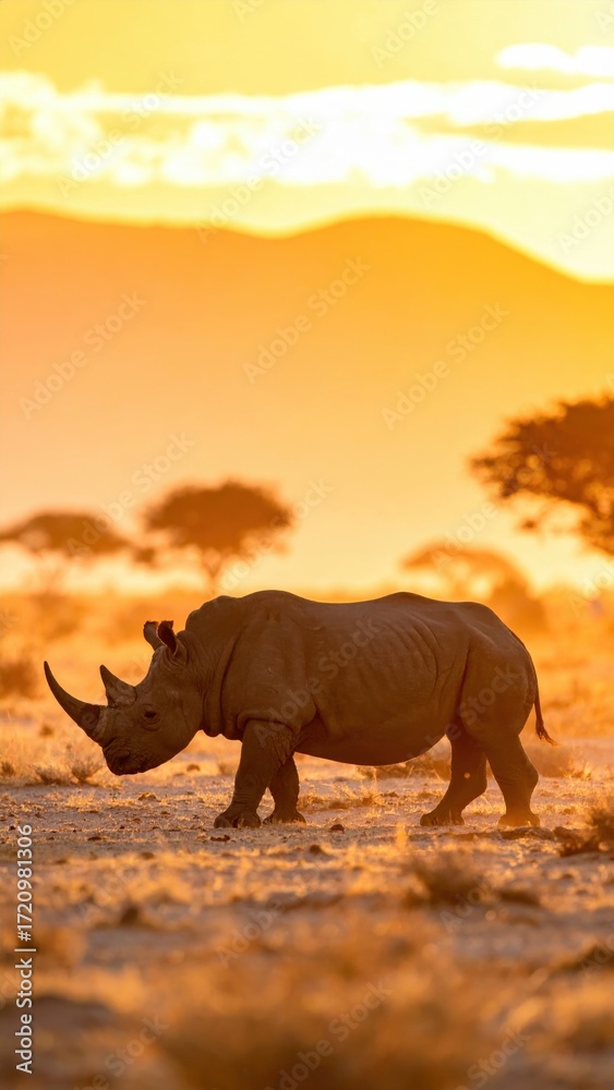 Fototapeta premium Majestic Rhinoceros Walking in Golden Sunset Landscape in Africa