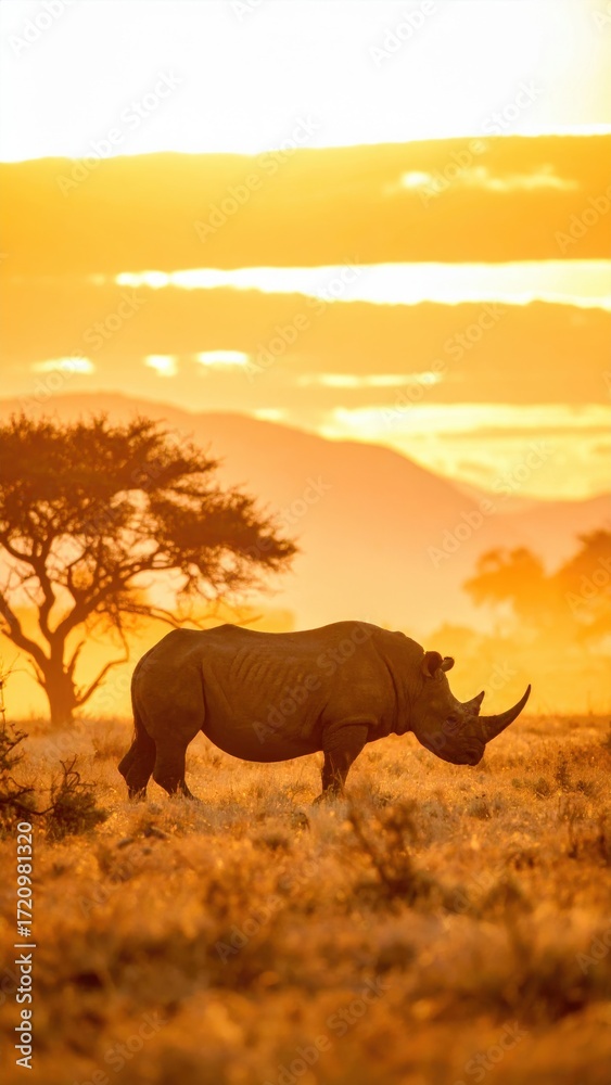 Obraz premium Majestic Rhino Silhouetted Against Vibrant Sunset Landscape