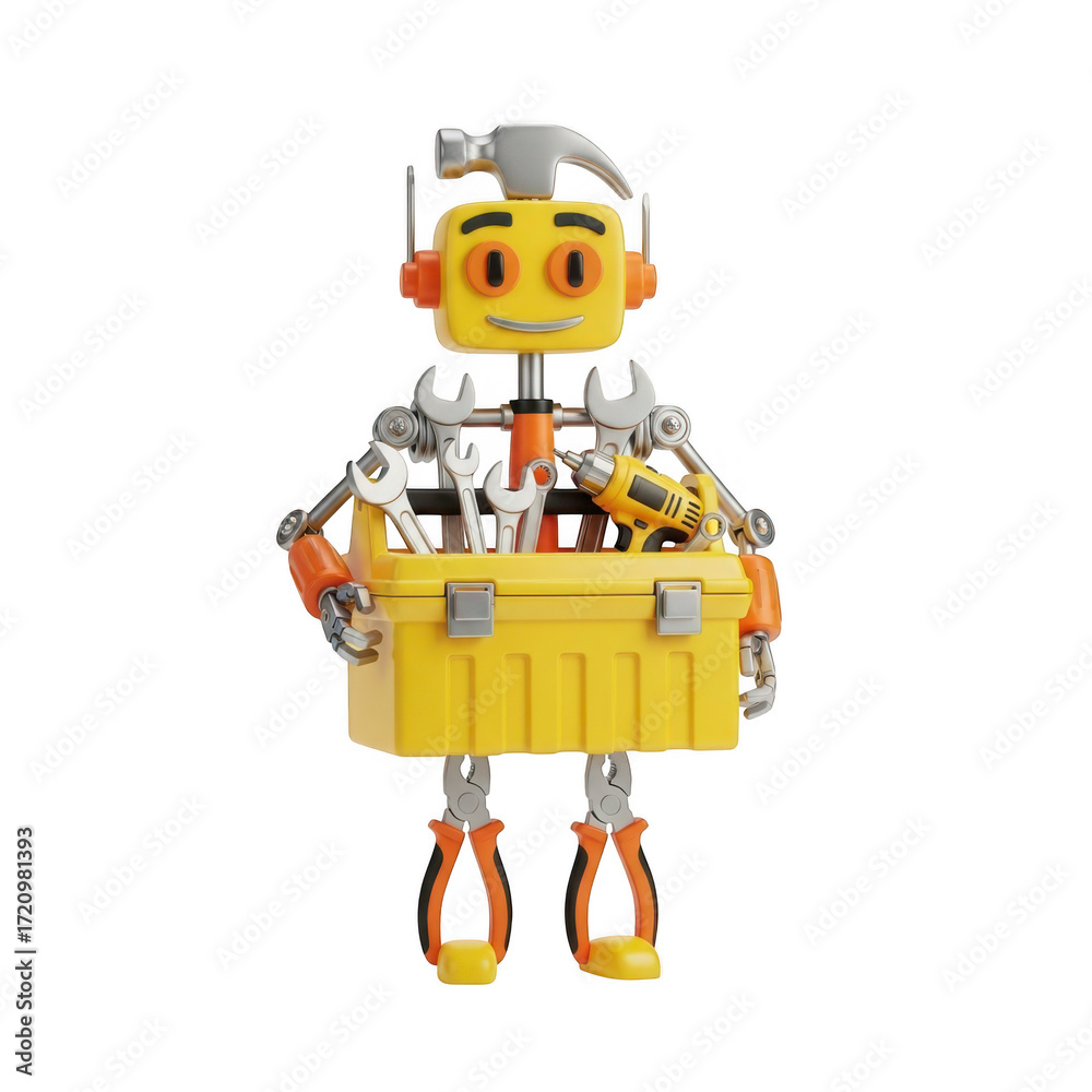 Fototapeta premium 3d adorable cartoon robot holding a yellow toolbox filled with tools transparent background