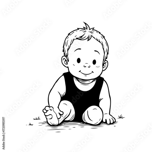 Simple line drawing of a cheerful baby sitting on the grass for print and design