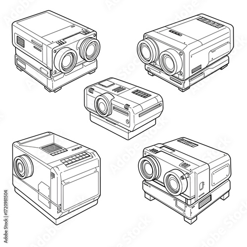 Assortment of vintage film cameras for creative projects, nostalgic designs, and retro-themed marketing campaigns, line art with timeless appeal