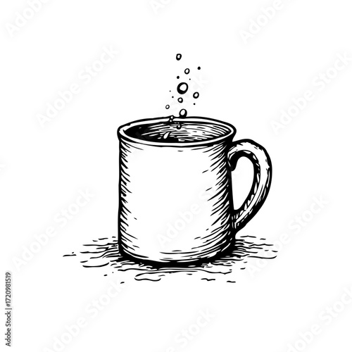 Single detailed sketch of a mug with liquid and bubbles, minimalist drawing representing morning
