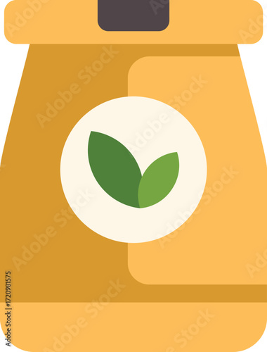 Simple flat illustration of a paper bag used for take away food delivery, featuring a green leaf logo representing an eco friendly option