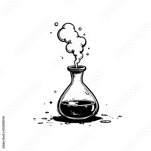 Sketch illustration of a scientific glass flask with smoking liquid in a laboratory experiment