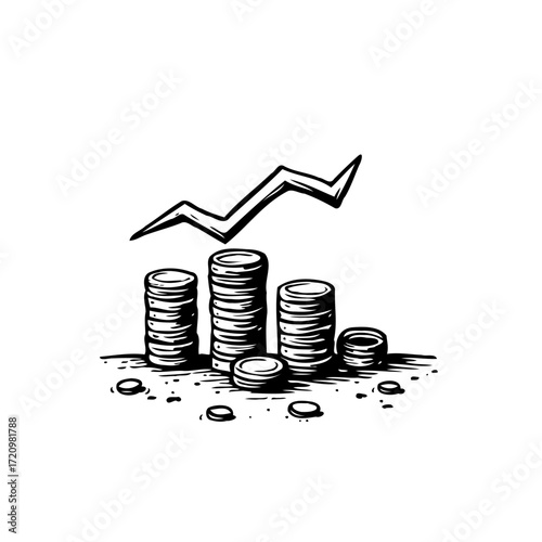 Sketch illustration showing increased coin stacks signifying financial growth with an upward