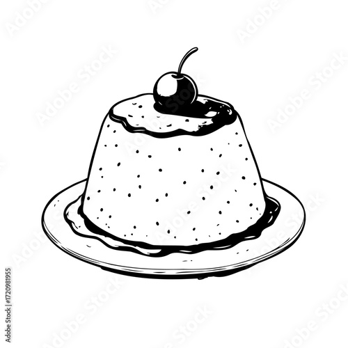 Sketch of delicious pudding dessert with cherry topping and delicate sauce served on ceramic plate