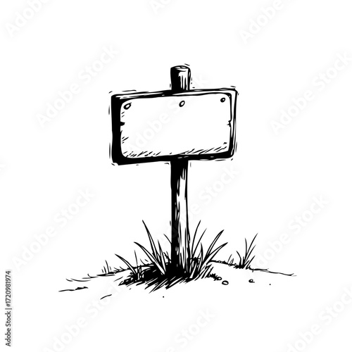 Sketch of rustic wooden signpost nestled among grass on isolated white background perfect for
