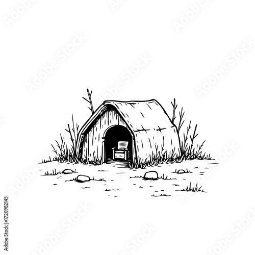 Solitary dwelling a humble structure nestled in the earth an artistic expressive ink illustration
