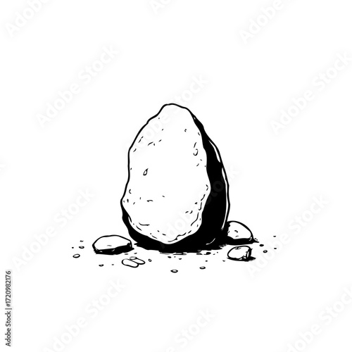 Solitary monolithic boulder with surrounding pebbles on pristine backdrop evokes stark geological