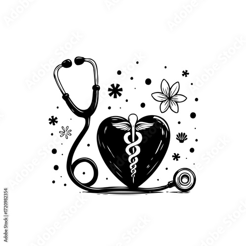 Stethoscope entwined with symbolic heart illustration promoting medical care and health awareness