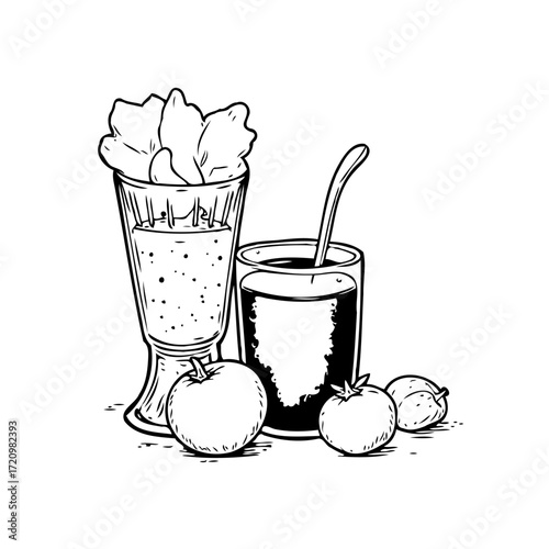 Still life drawing of fresh fruit beverages with visible textures for healthy lifestyle
