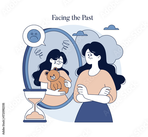 Woman Facing Her Past Reflection in Mirror Illustration