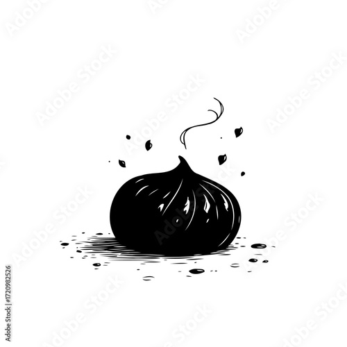 Stylized black onion drawing with sketched details providing a simple minimalist food illustration