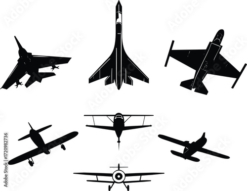 Silhouette airplanes top view, military jet fighter, vintage aircraft, aviation design, flight collection artwork, cad drawing flat vector illustration