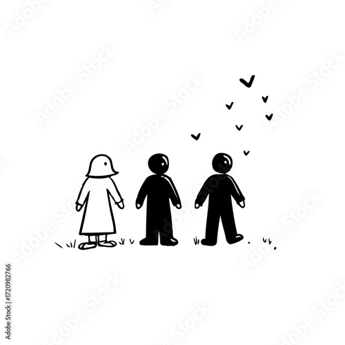Stylized illustration featuring simple figures contemplating soaring birds enhancing a sense of