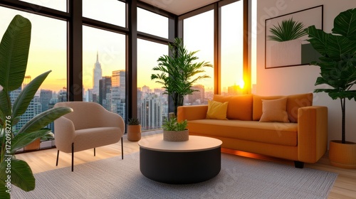 Warm-toned modern studio with sunset view, leafy plants, and cozy soft furniture