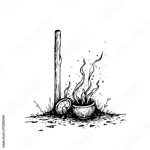 Stylized mystical herbal preparation scene with smoke rising in monochrome illustration evokes