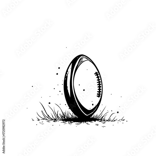 Stylized rugby ball illustration amidst grassy terrain evoking athleticism and competitive spirit