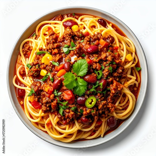 Overhead view of chili spaghetti served in a bowl on white background