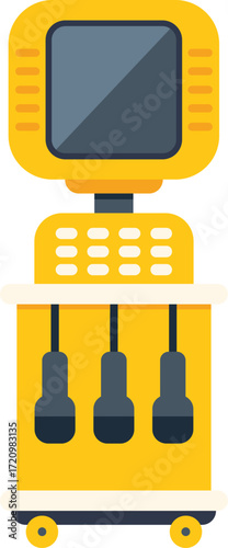 Yellow ultrasound machine on wheels featuring a monitor, control panel, and sensors, symbolizing medical imaging and diagnostics