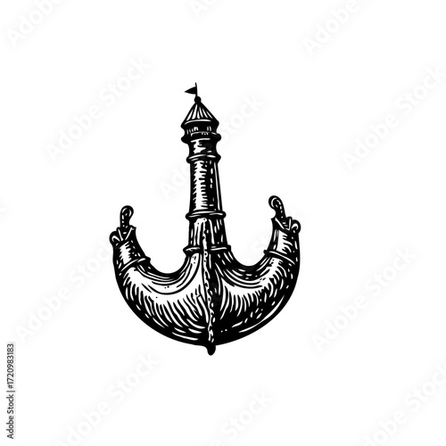 Stylized vector drawing of a nautical inspired lighthouse anchor illustration, featuring intricate