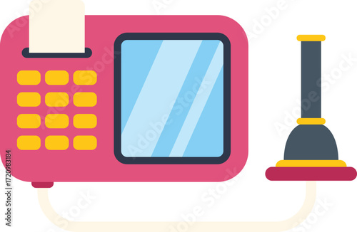 Point of sale system processing payment, accepting credit card, colorful pos terminal with big screen, receipt printer and card reader