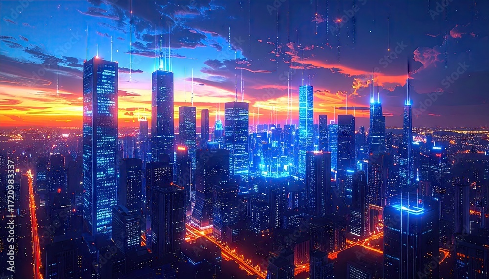 Fototapeta premium Futuristic Cityscape at Sunset with Digital Data Streams