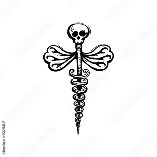 Symbolic human skull caduceus with wings esoteric artwork representing mortality mystery