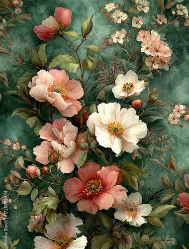 A painting of a flower garden with pink and white flowers