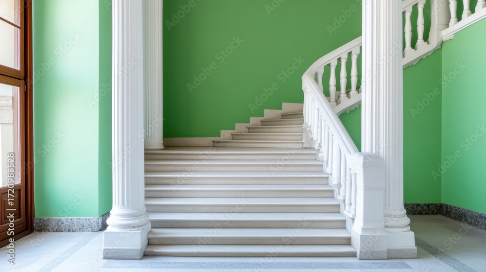 Fototapeta premium White columns frame a central staircase climbing along soft green-painted walls