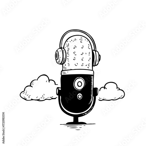 Vintage audio equipment microphone sketch adorned headphones amid fluffy clouds whimsical drawing