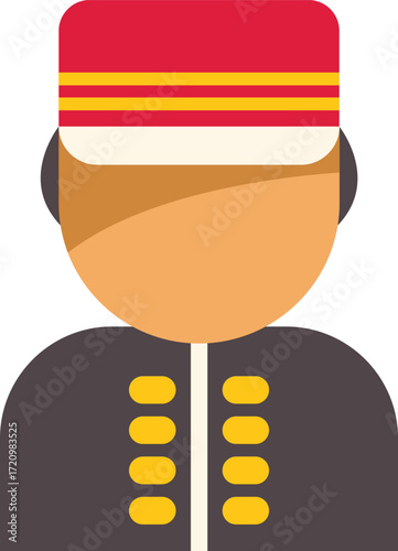 Simple flat illustration of a friendly hotel bellhop wearing a red and gold hat and black uniform with gold buttons